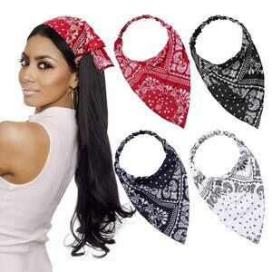 4 Pieces Elastic Hair Scarf Headband Print Vintage Turban Cotton Headwrap Triang